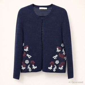 Tory Burch Navy Blue Cardigan with Floral Embroidery